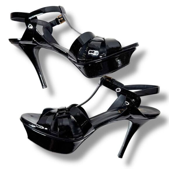 Saint Laurent Tribute Black Patent Leather Platform High Heel Sandals Size 37.5 - Picture 6 of 13